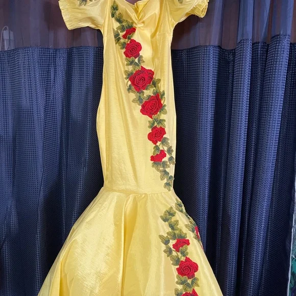 Yellow Dress with Red Rose Embroidery